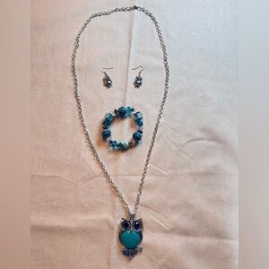 Turquoise Owl Pendant Necklace Set - Handmade by Evelyn